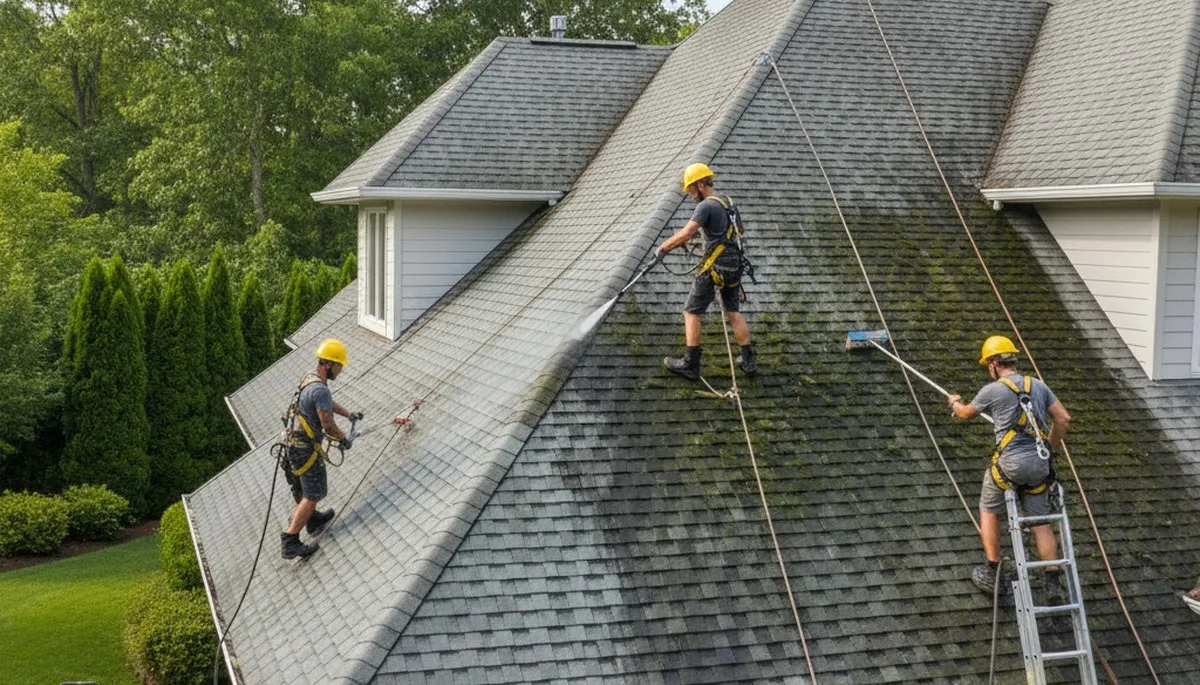 Roof cleaning service in Philadelphia, PA removing moss and algae buildup from a residential roof