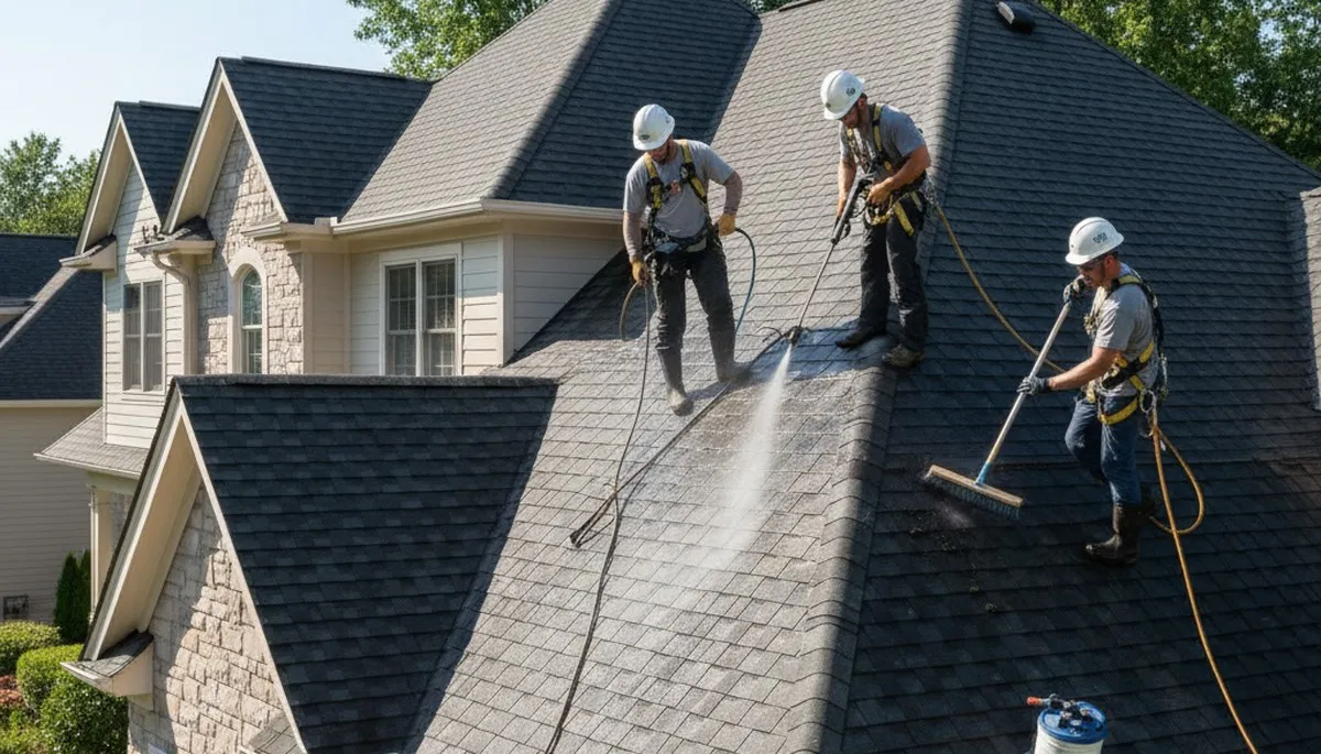 Roof cleaning service in Philadelphia, PA removing moss and algae from a home roof